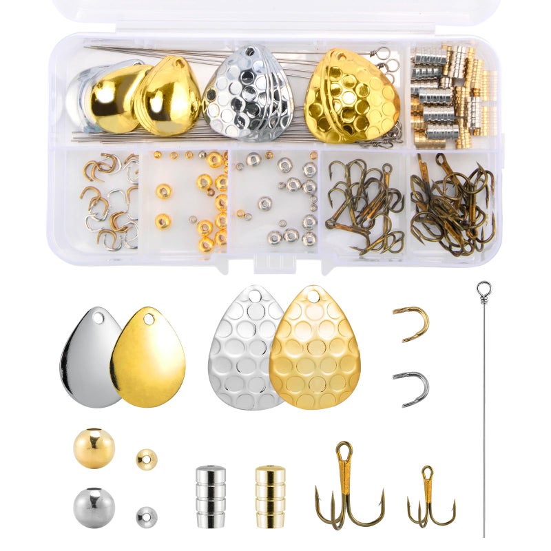 Dr.Fish 140 Pieces Spinner Making Kit Lure Making Supplies Colorado Spinner Blade Spinnerbait Parts Accessory Shaft Clevis Treble Hooks Spoon Fishing Bead Starter - Image 1